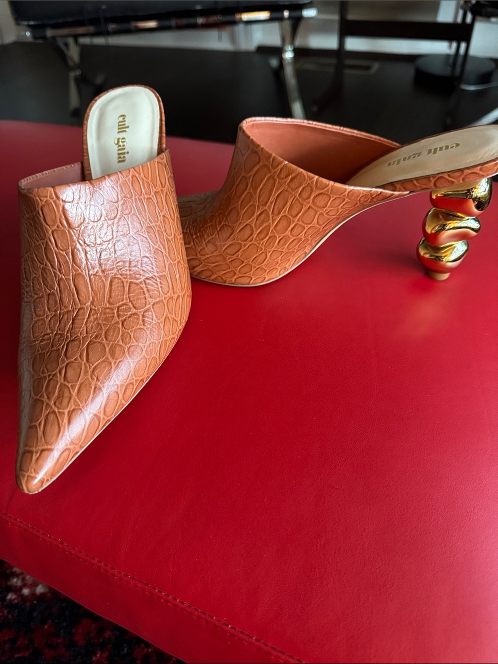 cult gaia Tan Croc-Embossed Mules with Gold Spiral Heel